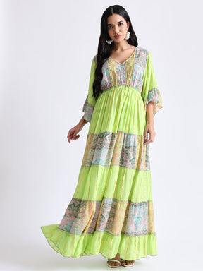 Embroidery Hand Work Bell Sleeves Front Boho Printed Maxi Dress -  Lime Blossom