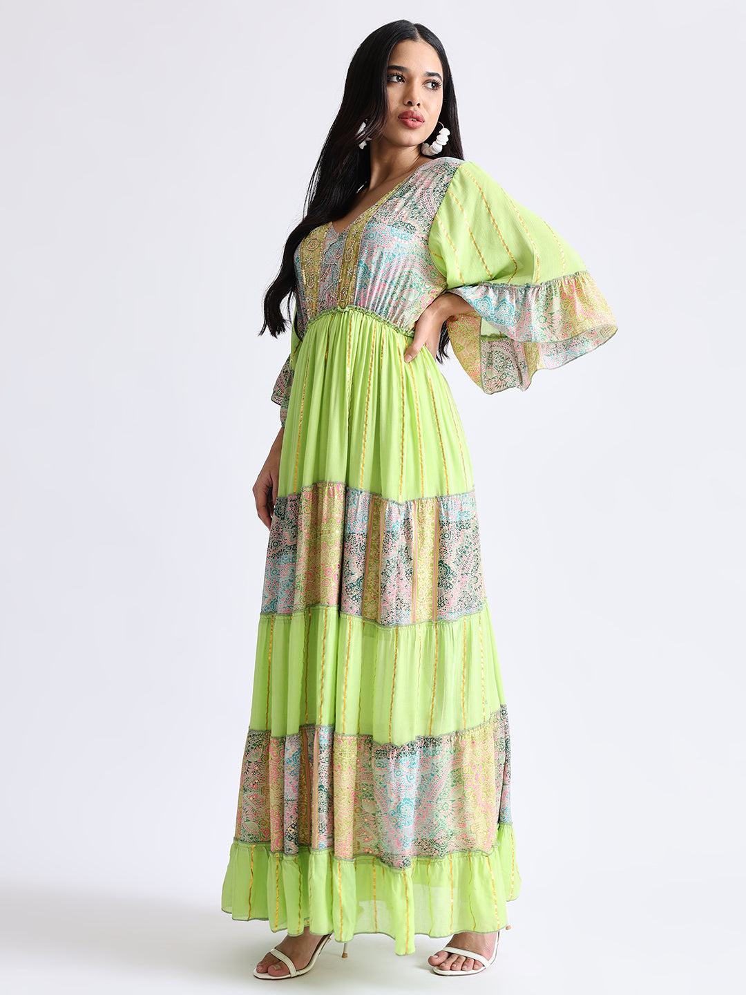 Embroidery Hand Work Bell Sleeves Front Boho Printed Maxi Dress -  Lime Blossom