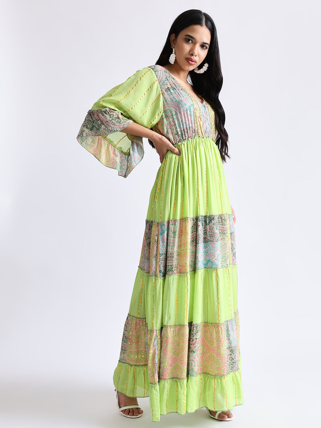 Embroidery Hand Work Bell Sleeves Front Boho Printed Maxi Dress -  Lime Blossom