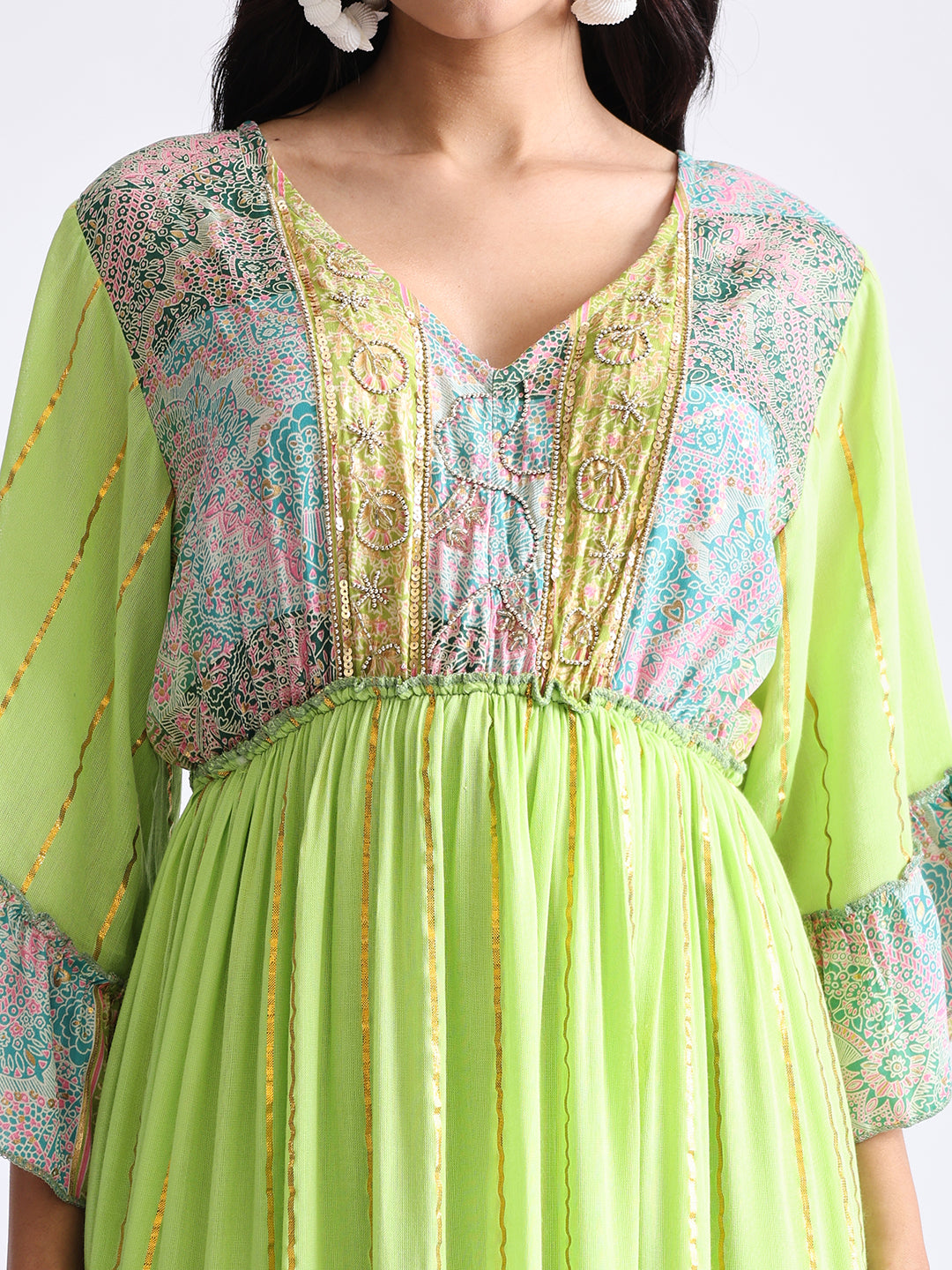 Embroidery Hand Work Bell Sleeves Front Boho Printed Maxi Dress -  Lime Blossom