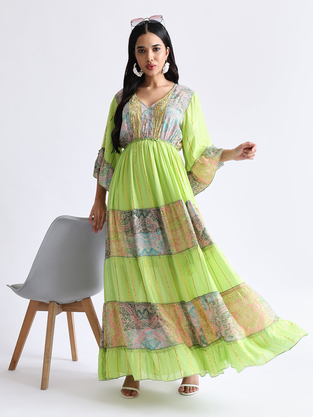 Embroidery Hand Work Bell Sleeves Front Boho Printed Maxi Dress -  Lime Blossom