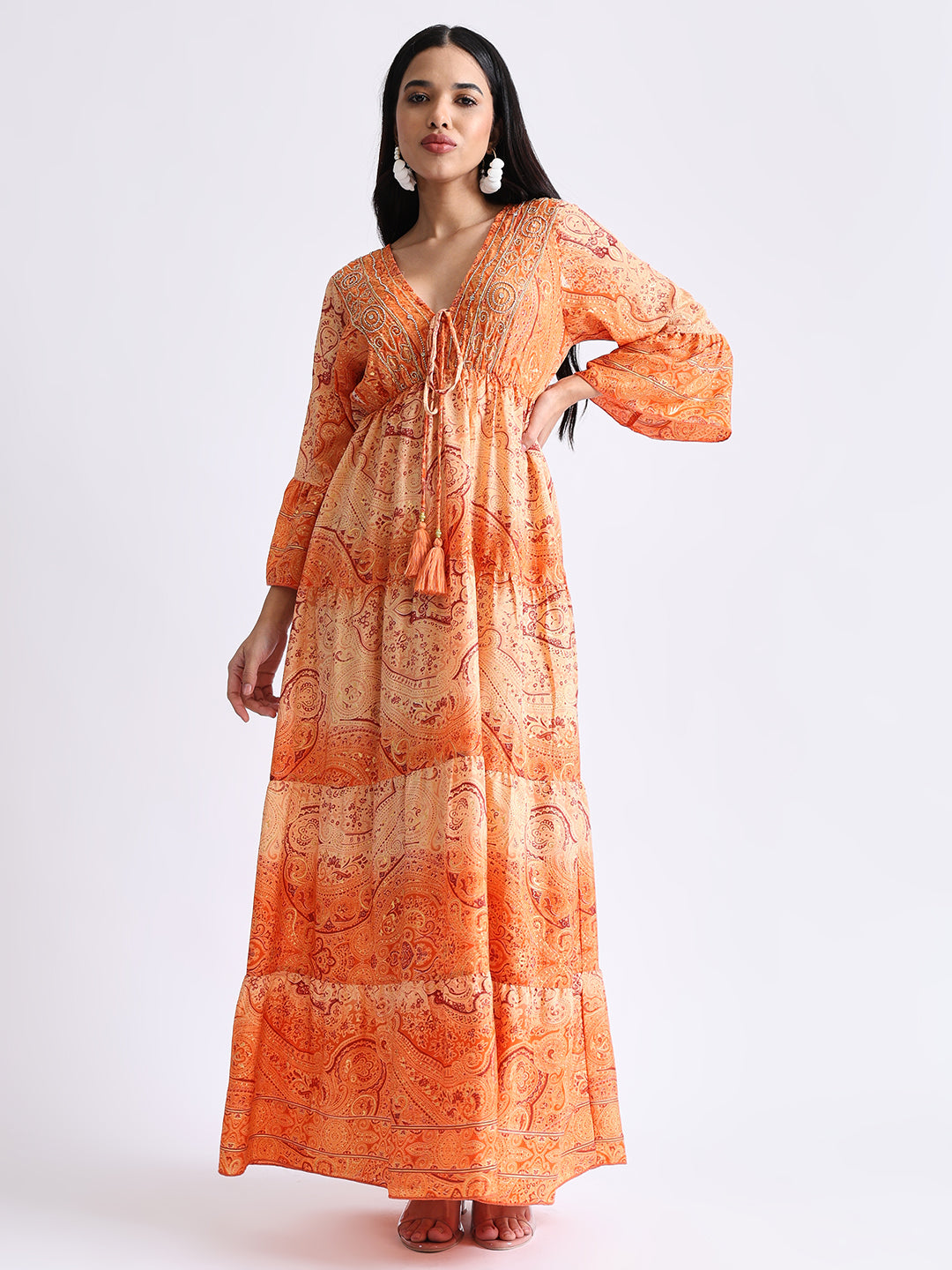 Embroidery Hand Work Bell Sleeves Front Boho Printed Maxi Dress - Sunset Serenade