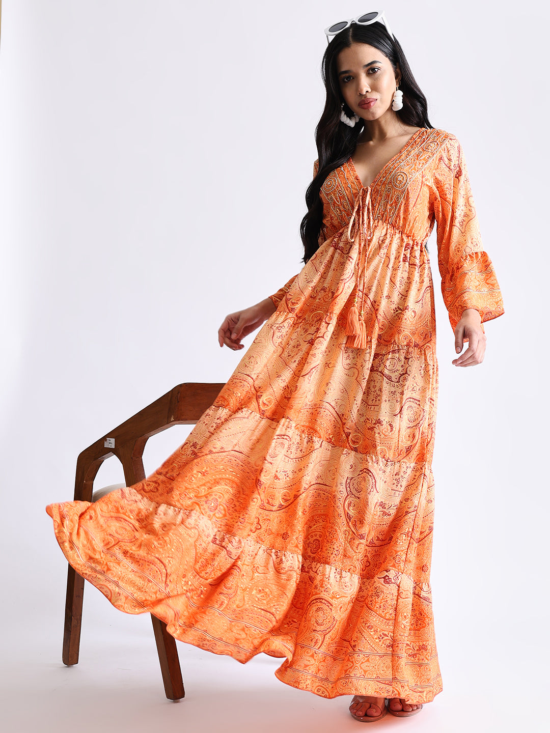 Embroidery Hand Work Bell Sleeves Front Boho Printed Maxi Dress - Sunset Serenade