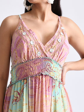 V Neck Boho Printed Embroidery Hand Work Breeze Maxi Dress- Blush Breeze