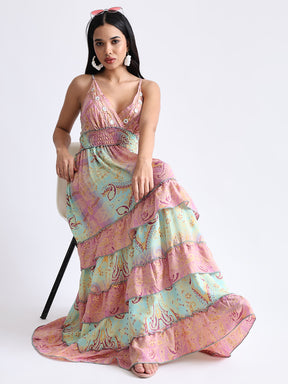 V Neck Boho Printed Embroidery Hand Work Breeze Maxi Dress- Blush Breeze