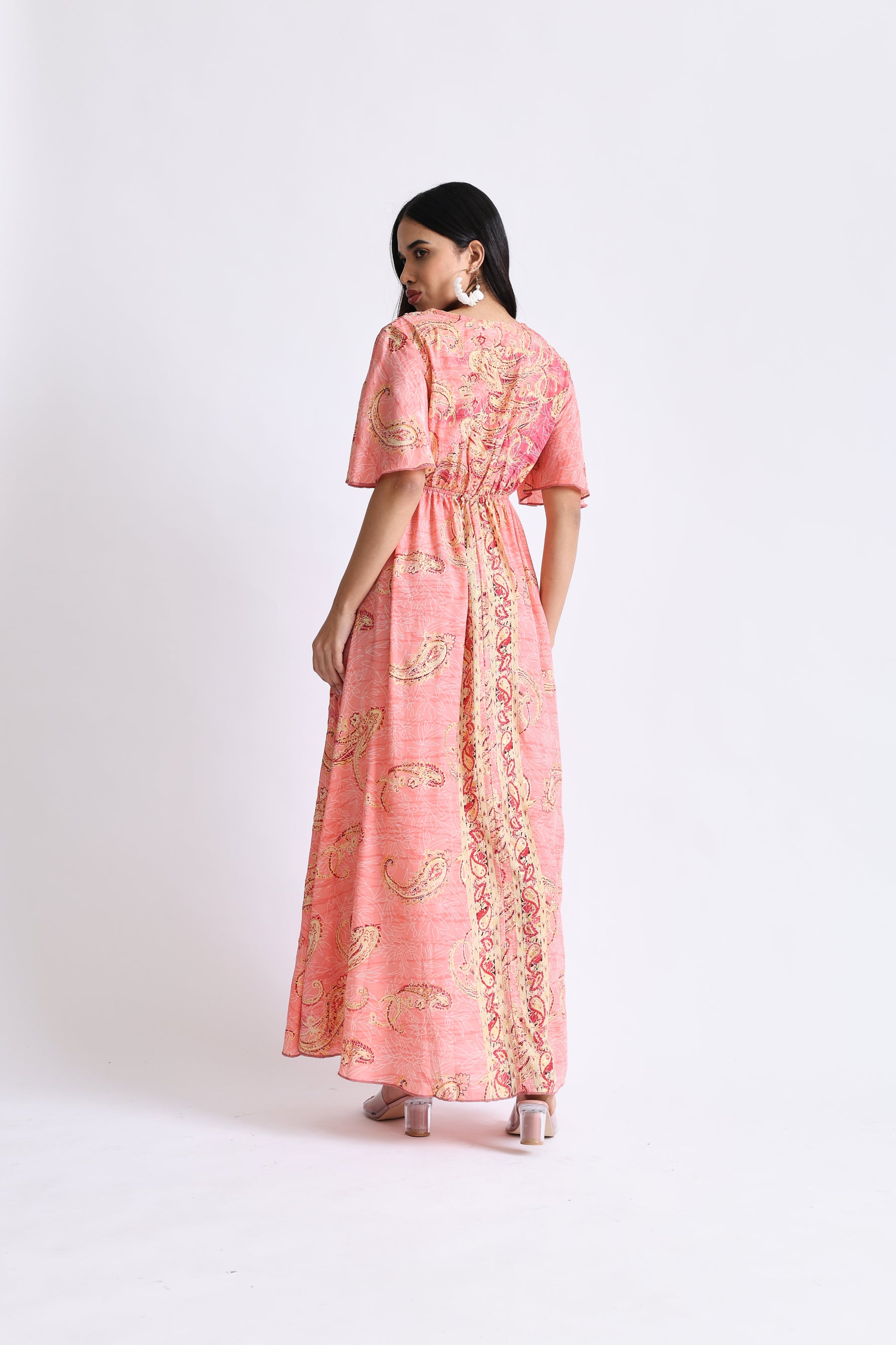 Boho Printed Embroidery Hand Work Middle Slit Maxi Dress- Rose Gold Radiance