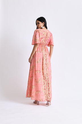 Boho Printed Embroidery Hand Work Middle Slit Maxi Dress- Rose Gold Radiance