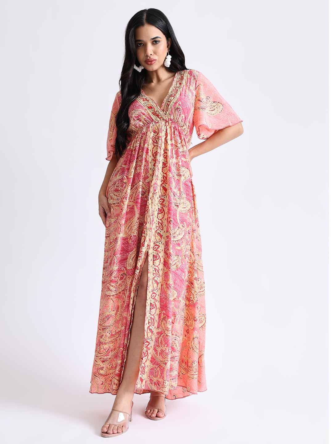 Boho Printed Embroidery Hand Work Middle Slit Maxi Dress- Rose Gold Radiance