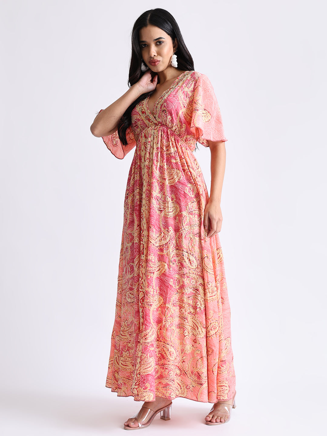 Boho Printed Embroidery Hand Work Middle Slit Maxi Dress- Rose Gold Radiance