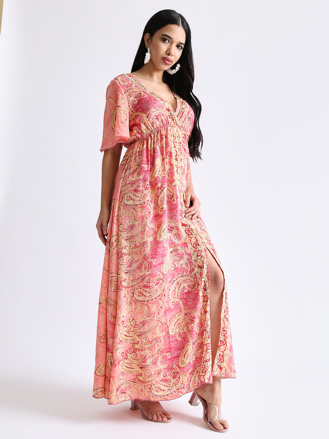 Boho Printed Embroidery Hand Work Middle Slit Maxi Dress- Rose Gold Radiance