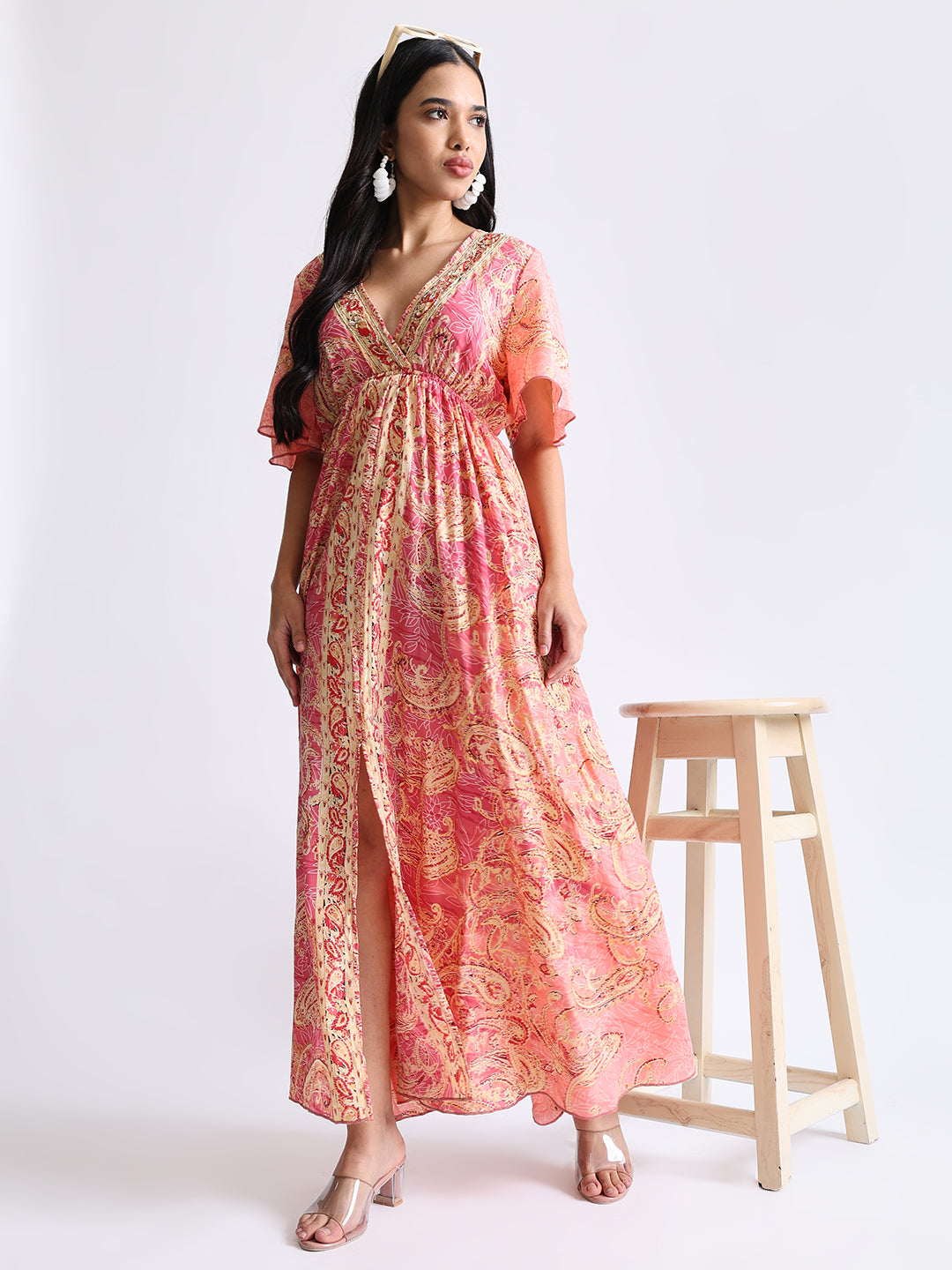 Boho Printed Embroidery Hand Work Middle Slit Maxi Dress- Rose Gold Radiance