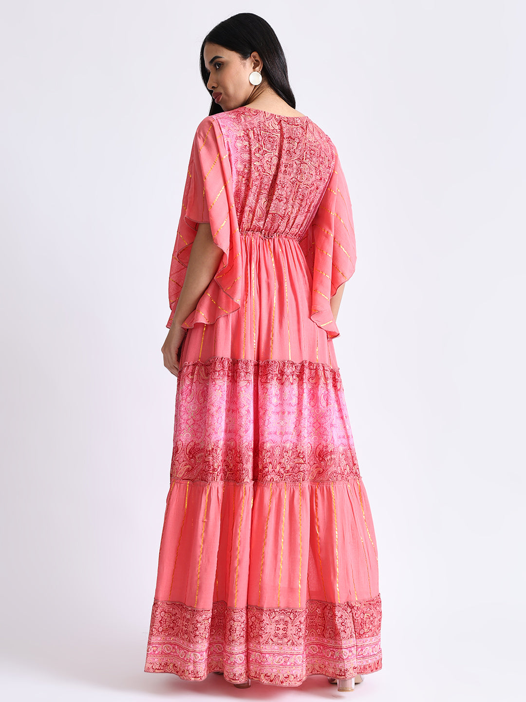 Boho Printed Hand Work Butterfly sleeves maxi dress in Rosette Glow