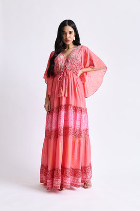 Boho Printed Hand Work Butterfly sleeves maxi dress in Rosette Glow