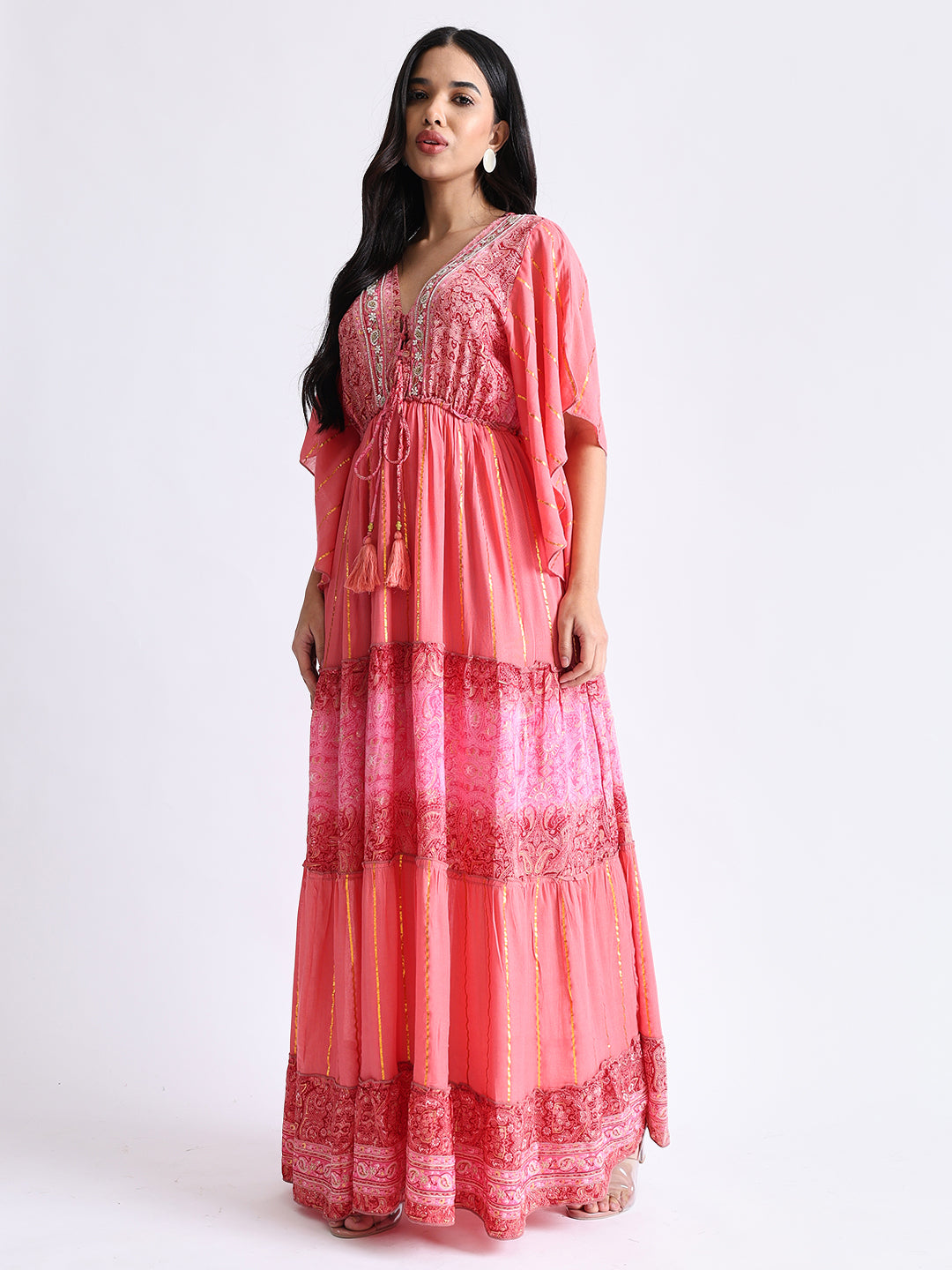 Boho Printed Hand Work Butterfly sleeves maxi dress in Rosette Glow