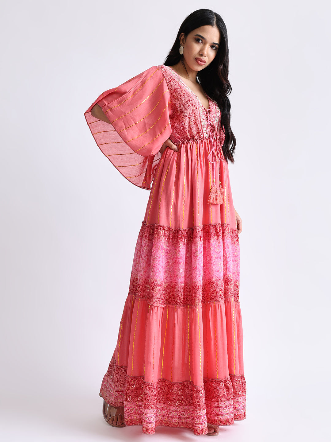 Boho Printed Hand Work Butterfly sleeves maxi dress in Rosette Glow