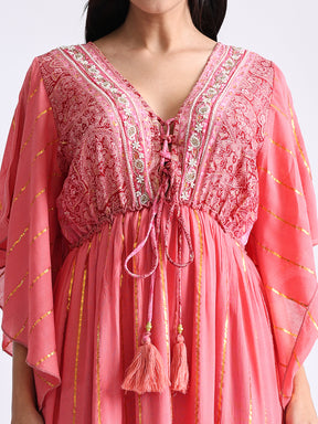 Boho Printed Hand Work Butterfly sleeves maxi dress in Rosette Glow