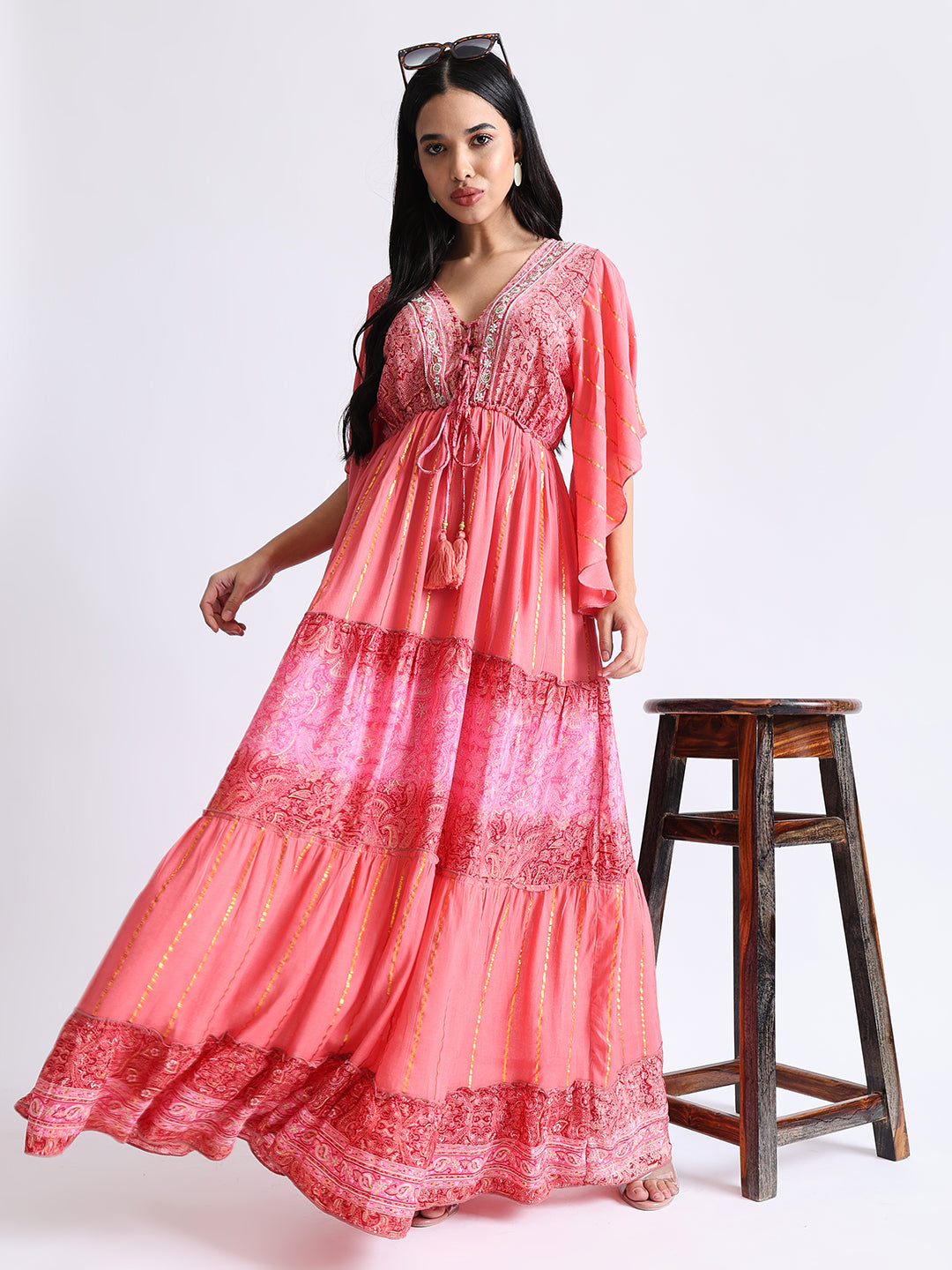 Boho Printed Hand Work Butterfly sleeves maxi dress in Rosette Glow